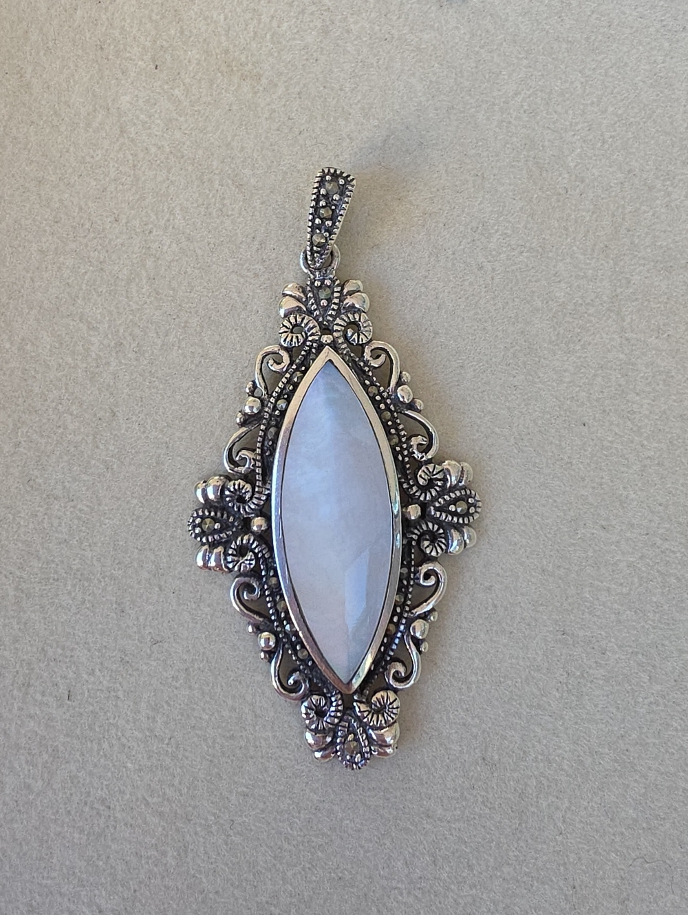 Vintage GFJ 925 Sterling Silver Marcasite Mother of Pearl Marquise Pendant• 7.4g
